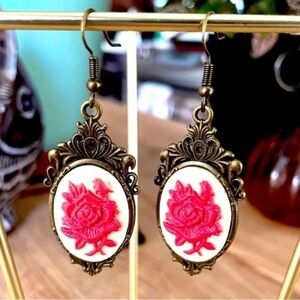 Victorian Style Cream and Red Rose Cameo Earrings, NWT